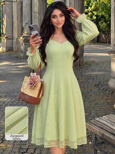 Modelyn Women's Elegant Textured Dress, Sweetheart Neckline Puff Long Sleeve Flowy Midi Green Dress