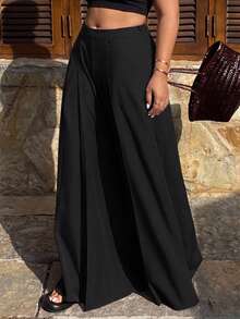 Dazy Plus Old Money Casual Solid Color Loose Pleated Wide Leg Skort Spring Autumn Long Pants - Black - View 4