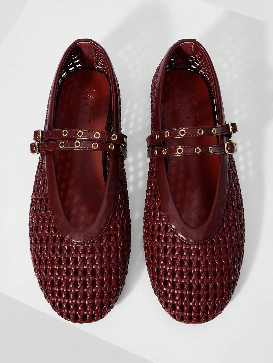 MOTF WOMEN BRAID ROUND TOE FLATS SPRING SHOES FALL SHOES - Burgundy - View 1