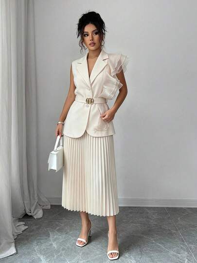 Elenzga Women's Spring/Summer Apricot Minimalist Romantic Elegant Sophisticated Luxury Mature Style V-Neck Lapel Sleeveless Ruffle Flutter Sleeve Metal Buckle Decor Waist Belt Cinched Slim Fit Top + Women's Spring/Summer Apricot Minimalist Romantic Elegant Sophisticated High Waist Mid-Length Pleated Skirt Elegant Commute Socialite Banquet Skirt