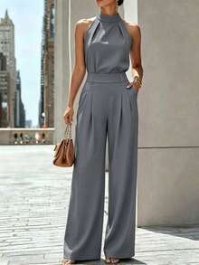 Zovinel Casual Versatile Halter Neck Tank Top And Pleated Pocket Wide Leg Long Pants 2 Pieces Set - Grey - View 4