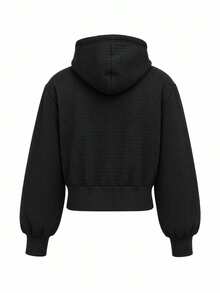 SHEIN Unity Solid Waffle Knit Zip Up Crop Hoodie,Casual Drop Shoulder Drawstring Hooded Thermal Jacket,Black Waffle Textured Cropped Hoodie. - Black - View 2