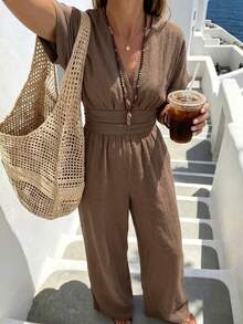 SHEIN Holidaya Women's Spring/Summer Boho Vacation Outfit, V-Neck Pleated Waist-Cinching Mid-Sleeve Top Elastic Waist Wide-Leg Long Pants 2 Pieces Set Coffee Brown - Brown - View 4