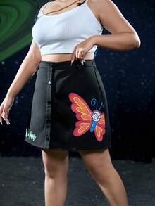 Rick and Morty X SHEIN Talla grande Falda con estampado de mariposa con botón delantero - Negro - Ver 8