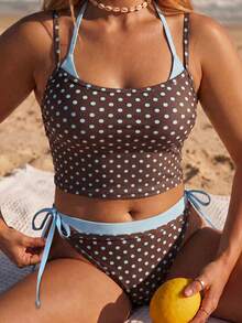 Swim Mod 2026 Spring/Summer New Plus Size 2-Piece Blue-Grey Large Scoop Neck Shoulder Strap Random Polka Dot Design Women's Bikini Set Set Casual Suitable For Beach Vacation - Multicolor - View 4