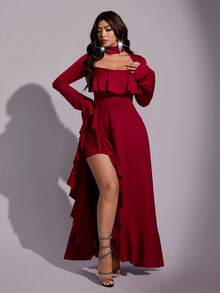Viva Relle Plus-Size Women's Square-Neck Asymmetrical Ruffled A-Line Party Red Dress - Burgundy - View 1