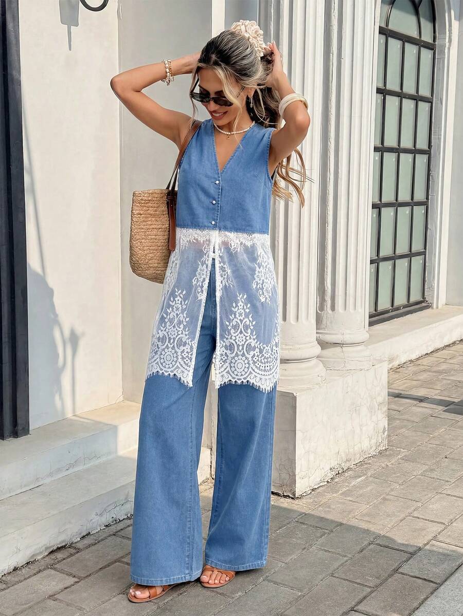 Serisse Women's Contrast Lace Single-Breasted Vest And Pants Denim Set - Blue - View 1