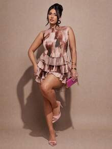 SHEIN BAE Plus Size Summer Elegant Ruffle Tie-Dye Print Romper - Multicolor - View 3