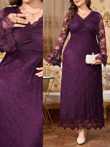 Reflora Plus Size Elegant Party Formal Evening Solid Color Lace Dress Autumn Wedding Purple Fall - Purple - View 10