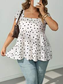 SHEIN CURVE+ Plus Size French Polka Dot Print Square Neck Ruffle Hem Blouse Vacation, Fall Winter 2026 22W - Black - View 6