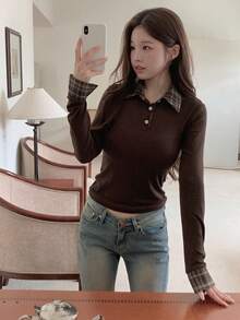 DAZY Kaos Lengan Panjang Wanita Berkerah Motif Kotak-kotak Gaya Korea untuk Musim Gugur - Coffee Brown - View 6