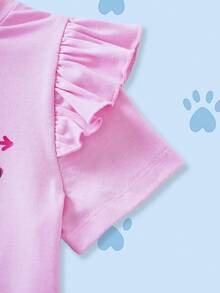 SHEIN | PAW Patrol 少女甜美可爱卡通字母爱心印花荷叶边短袖T恤，休闲日常通勤，夏季 - 粉色 - 查看 7