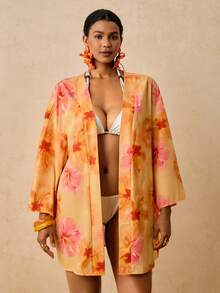 Travachic Baju Penutup Wanita Ukuran Besar Motif Ikan Laut Aprikot, Kimono Longgar Lengan Sedang, Motif Romantis Musim Semi Awal Pantai Pemandian Air Panas - MultiWarna - View 5