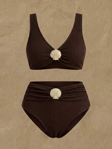 Swim Chiccia Plus Size Vacation Beach Metal Decor Swimwear Set - Brown - View 8
