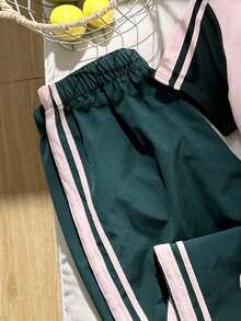 SHEIN 青少年女孩休閒日常百搭舒適圓領短袖T恤與長褲套裝 - 彩色 - 查看 3