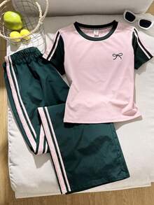 SHEIN 青少年女孩休閒日常百搭舒適圓領短袖T恤與長褲套裝 - 彩色 - 查看 7