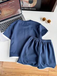 2pcs/Set Pakaian Anak Laki-laki Kasual 2 in 1 Kaos Lengan Pendek dan Celana Pendek dengan Motif Huruf, Cocok untuk Berpergian, Sekolah, Pakaian Sehari-hari, Olahraga, Musim Semi/Panas - Royal Blue - View 3