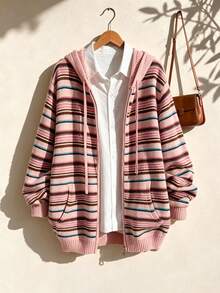 Rusticease Plus Size Casual Striped Hooded Cardigan, Autumn/Winter - Multicolor - View 4