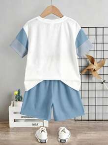 Young Boy Casual Minimalist Letter & Stripe T-Shirt And Shorts Set - Multicolor - View 3