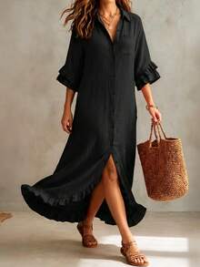 Linhara CURVE Plus Size Women's Solid Color Casual Daily Summer Dress - Black - View 8