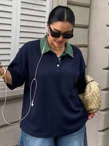 Dazy Plus 女款大尺碼拼色拼接條紋寬鬆 Polo 領中袖休閒夏季 T-shirt - 藏蓝色 - 查看 2