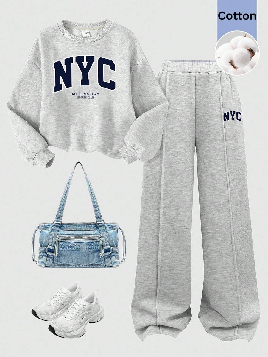 SHEIN Tween女孩秋冬休閒加厚運動衫套裝,紐約市印花,寬鬆圓領落肩長袖套頭衫,搭配印花牙籤褶皺寬腿直筒運動長褲,2件式運動風套裝,麻灰色 - 灰色 - 查看 1