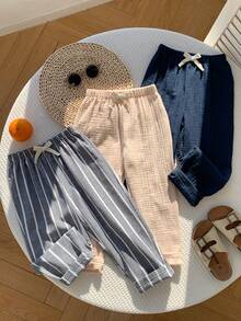 SHEIN Young Boy & Young Girls 3-Piece Set With Decorative Ribbon Elastic Waist Long Pants, Versatile And Comfortable, Suitable For Outings, Street Style, Home, And Parties - Multicolor - View 4