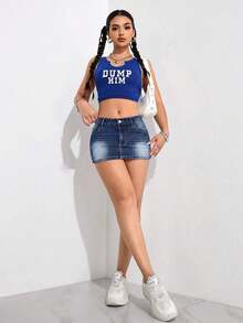 SHEIN PETITE 女款鈕扣拉鍊口袋牛仔裙 - 深色水洗藍 - 查看 7