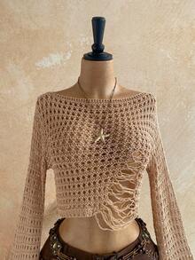 Soleia Women's Solid Color Boat Neck Hollow-Out Drop Shoulder Long Sleeve Sweater For Vacation - Khaki - View 5