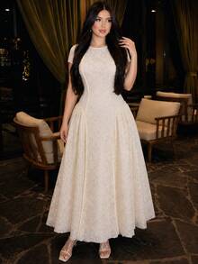 Modelyn Women's Elegant Minimalist Round Neck 3D Lace Long Dress, Plus Size, Summer - Apricot - View 1