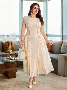 Modelyn Women's Elegant Minimalist Round Neck 3D Lace Long Dress, Plus Size, Summer - Apricot - View 5