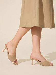 CUCCOO BASICS Chic Women's Knitted Open Toe Heeled Sandals In Nude Tone Slip On Stiletto Heels - Apricot stripes - View 4