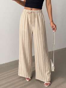 SHEIN Raffinéa 黑白人字紋彈性腰綁帶女款休閒寬腿長褲 - 卡其色 - 查看 4