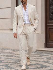 Manfinity Mode 2pcs Men's Solid Color Suit Set (Jacket & Trousers) Formal - Apricot - View 3