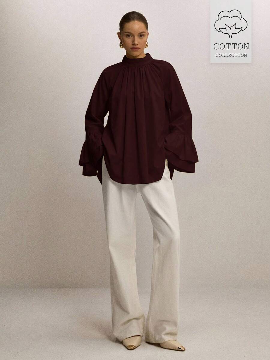 ATUI Studio 女款立領百褶寬鬆襯衫,雙層荷葉邊喇叭袖設計 - 棕色 - 查看 1