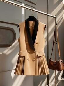 Franclia Women's New Coffee Color Blazer Vest Jacket - Khaki - View 3