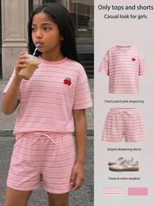 SHEIN 少女條紋櫻桃印花圓領短袖T恤與短褲休閒套裝 - 彩色 - 查看 4