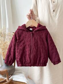 SHEIN Baby Girl Long Sleeve Comfortable Fuzzy Winter Hooded Jacket, Versatile Fashionable Zipper Front Cardigan, Suitable For Indoor And Outdoor Activities - Burgundy - View 3