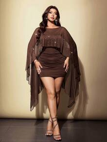 Viva Relle Plus-Size Women's Camisole + Sequined Net Cape Party Two Pieces Set - Brown - View 4