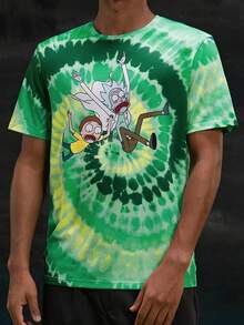 Rick and Morty X SHEIN 男士卡通形象和螺旋染色短袖休閒夏季T卹 - 綠色 - 查看 3