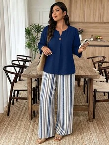 Weeklong Conjunto de 2 piezas para mujer talla grande con camiseta de manga 3/4 con botones de unicolor y pantalones con estampado de rayas - Multicolor - Ver 3