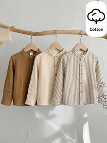 SHEIN Kids 3pack Young Boy Casual Striped Long Sleeve Shirts (Beige Colorblock, 3pcs) - Suitable For Daily Wear, Autumn And Back To School Season - Multicolor - View 2