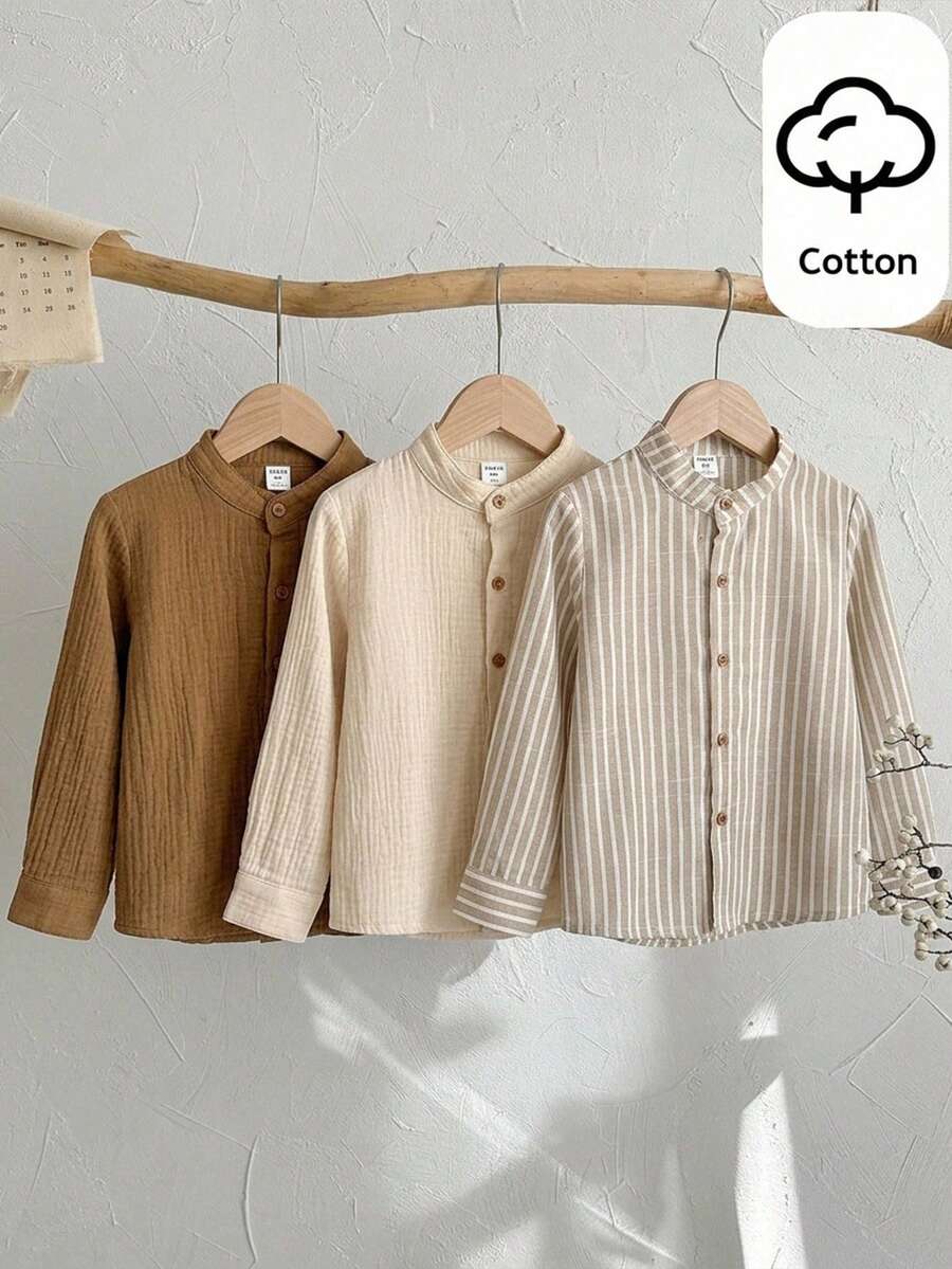 SHEIN Kids 3pack Young Boy Casual Striped Long Sleeve Shirts (Beige Colorblock, 3pcs) - Suitable For Daily Wear, Autumn And Back To School Season
