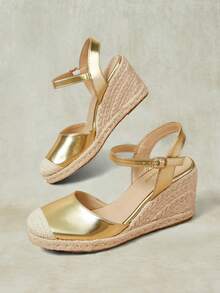 Styleloop أحذية نسائية، بني، أحذية من القش وحبل القنب مطرزة بالزهور، صنادل بكعب إسفين ومنصة، ملابس بوهيمية للعطلات تعزز الطول - الذهبي - مشاهدة 8