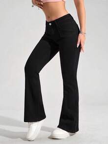 SHEIN PETITE Women's Casual Versatile Flared Jeans With Pockets - Black - View 7