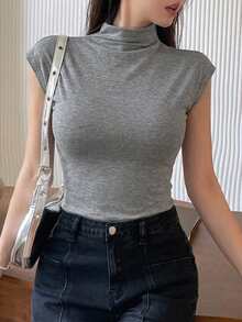 DAZY 女款極簡純色優雅半高領T恤 - 灰色 - 查看 9