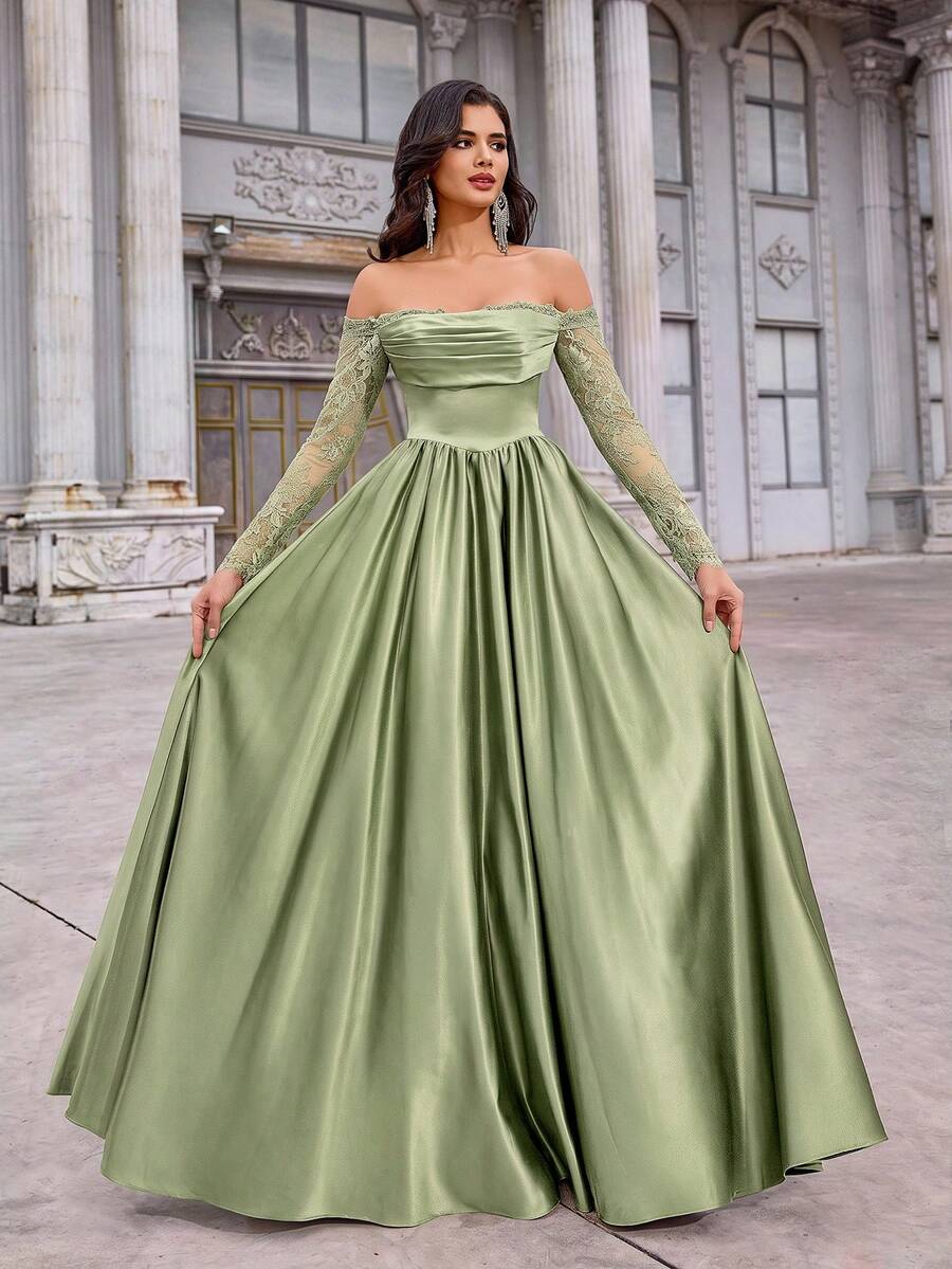 Aureia 優雅迷人露肩透視短袖蕾絲飾邊拼接緞面大裙擺泡泡洋裝,適合婚禮活動、單身派對、度假、舞會、約會、晚宴 (重工風格) - 綠色 - 查看 1