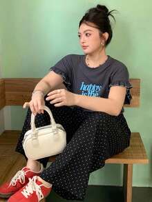 Dazy Plus 彈性腰寬鬆寬腿長褲裙 春夏百搭 大尺碼女款休閒長褲 - 黑色 - 查看 4