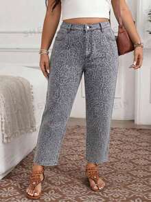 Breezaya Plus Size Women Leopard Print Pocket Button Casual Versatile Daily Wear Denim Jeans - Multicolor - View 3