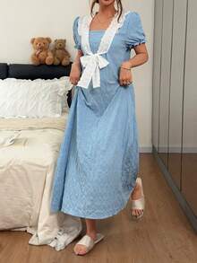 Napfluff Contrast Trim Front Tie Neck Jacquard Short Sleeve Loose Fit Women's Nightgown - Blue - View 4